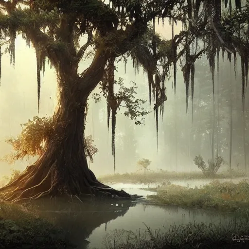 Image similar to a beautiful tree in the middle of a swamp, digital Art, Greg rutkowski, Trending artstation, cinematic