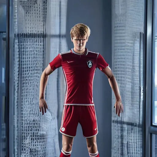 Image similar to a realistic detailed photo of a guy who is an attractive humanoid who is half robot and half humanoid, who is a male android, soccer player martin ødegaard, shiny skin, posing like a statue, blank stare, in a living room, on display, showing off his muscles