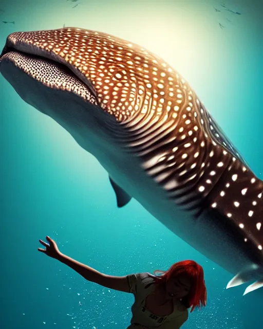 Prompt: whale shark dance with redhead girl, radiant lighting, cinematic, artstation
