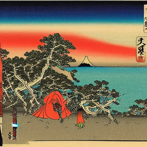 Prompt: ukiyoe style, hiroshige, post apocalyptic desert, japanese style