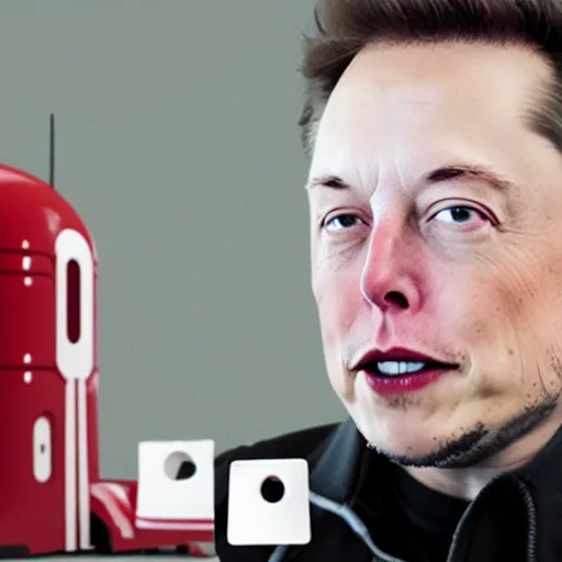 Image similar to photo of miniature Elon Musk sitting on a piece of Swiss cheese