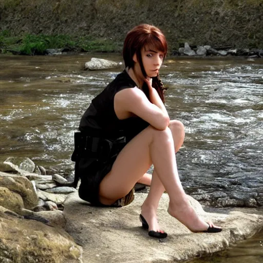 Image similar to quiet from metal gear solid, crouching near a river, intrigued, sun flairs,