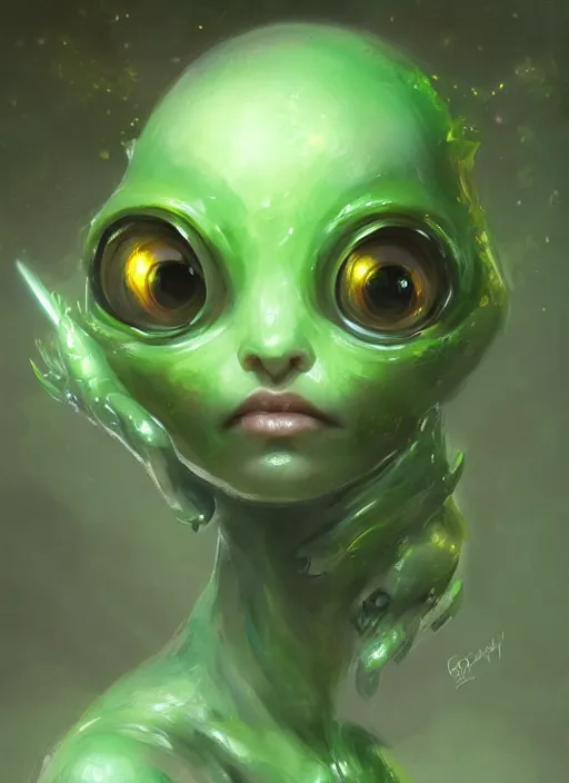 Prompt: portrait of my ethereal waifu cute innocent green slimy alien creature with adorable uwu eyes painted by greg rutkowski, wlop,,