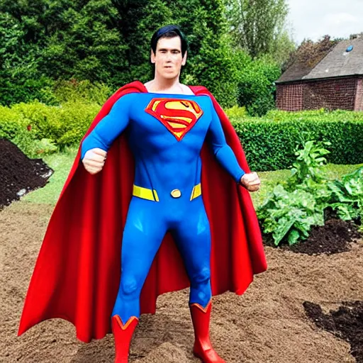 Image similar to Superman in the garden digs potatoes