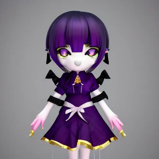 Image similar to cute fumo plush of a gothic maiden in a dark purple uniform with gold highlights, laces and ribbons, soft shadow, anime girl, vray, symmetry, white frame