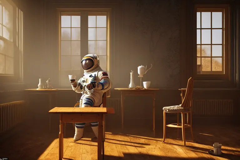 Image similar to a single cosmonaut in a spacesuit drinks a steaming cup of tea at an old wooden desk in a richly decorated Victorian house. the autumn light comes in through a window and dimly illuminates the room, diffuse light, octane render