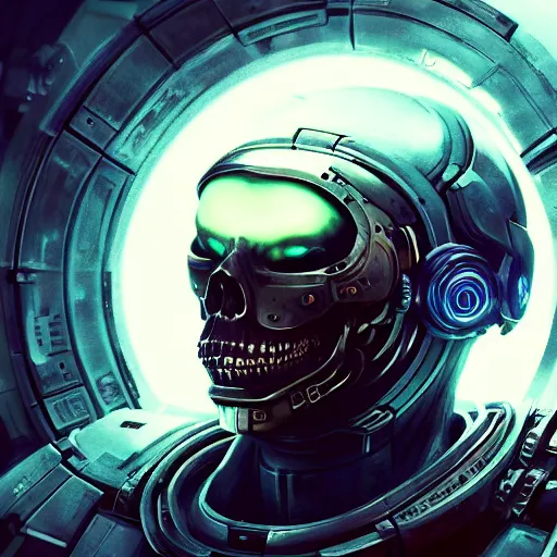 Image similar to portrait of a futuristic space pirate skull. VR helmet broken. sci-fi Iridium visor. intricate abstract. intricate spaceship decor. nightmare fuel. terrifying. warhammer 40k. Ghost in the Shell style, by Tooth Wu, Wlop, Beeple, Dan Mumford. octane render, trending on artstation, Greg Rutkowski very coherent symmetrical artwork. cinematic, hyper realism, high detail, octane render, 8k, iridescent accents, black and white