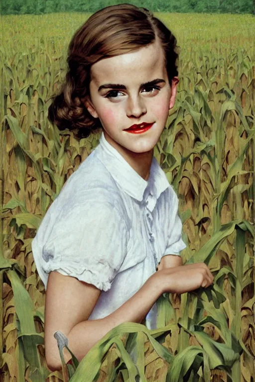 Image similar to photo photorealistic portrait photograph Emma Watson picnic in a corn field 1950s portrait by Norman Rockwell