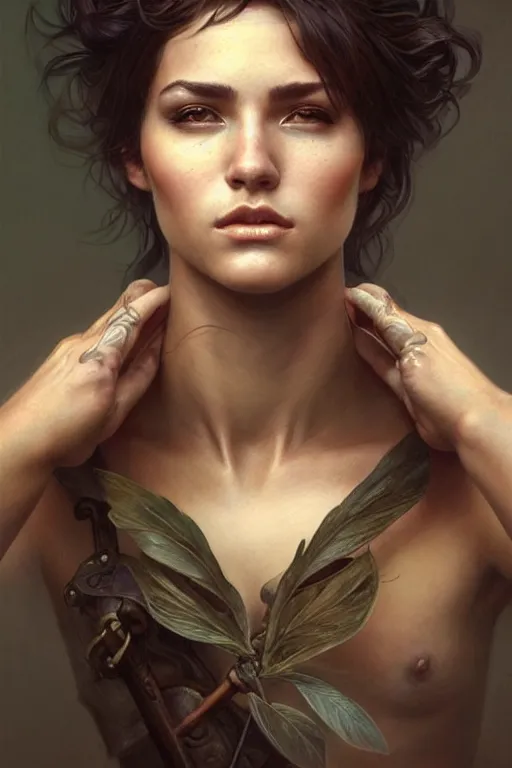 Image similar to photorealistic portrait of a young butch fae woman, handsome, female, masculine, upper body, fantasy, fierce, sharp features, intricate, elegant, highly detailed, digital painting, artstation, concept art, matte, sharp focus, illustration, art by artgerm and greg rutkowski and alphonse mucha