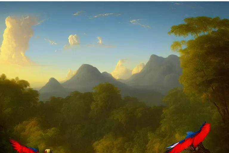 Image similar to gorgeous scarlet macaws flying at sunset in the distance through the forest, jungle mountains in the background, highly detailed, heavenly lighting, trending on art station, very detailed birds, painting by thomas cole