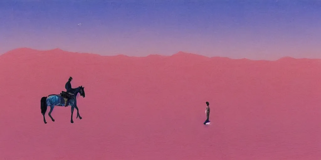 Image similar to i, cityscape view of a man riding a horse in a blue desert, pink sky, by Moebius