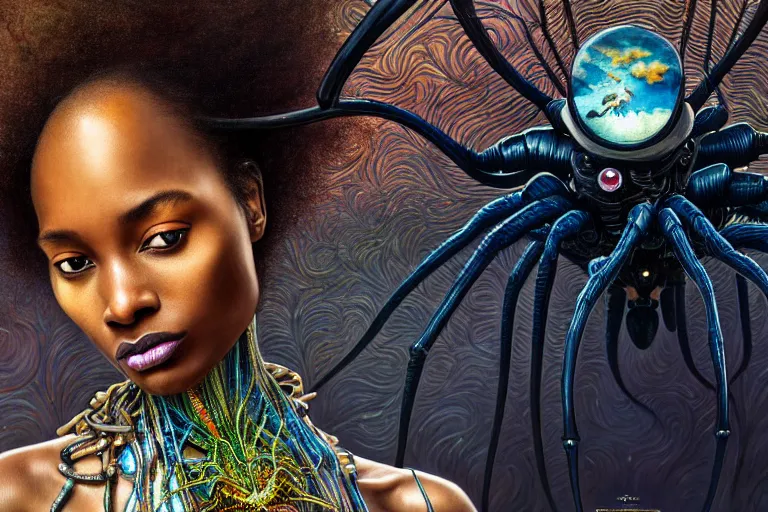 Prompt: realistic detailed closeup portrait movie shot of a beautiful black woman riding a giant spider, dystopian city landscape background by denis villeneuve, amano, yves tanguy, alphonse mucha, max ernst, kehinde wiley, ernst haeckel, caravaggio, roger dean, cyber necklace, rich moody colours, sci fi patterns, wide angle