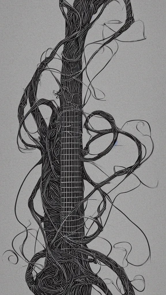 Image similar to a guitar with long thick vines wrapping around it, fantasy art, art station, grey background,