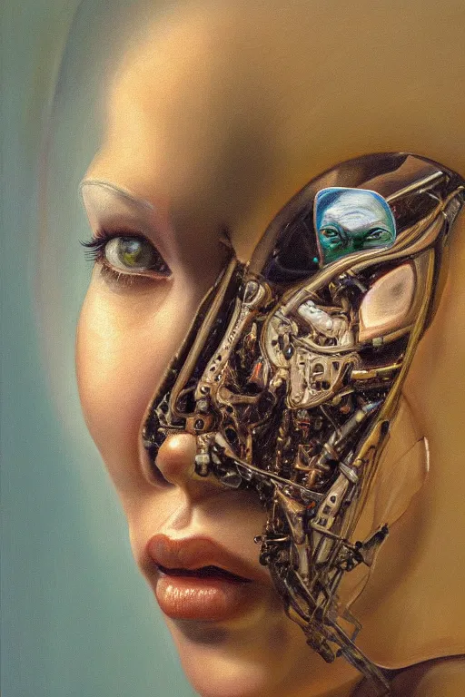 Prompt: beautiful oil painting portrait of biomechanical woman face connected to the machine by wayne thiebaud, wayne barlowe, rembrandt, complex, stunning, realistic skin color, 4 k, high res, awardwinning, masterpiece, realistic lighting