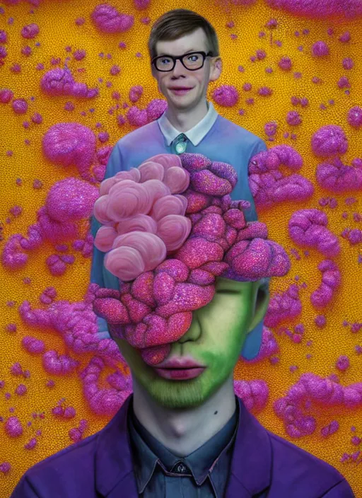 Image similar to hyper detailed 3d render like a Oil painting - kawaii portrait of Hank Green in Aurora (Singer) seen Eating of the Strangling network of yellowcake aerochrome and milky Fruit and Her delicate Hands hold of gossamer polyp blossoms bring iridescent fungal flowers whose spores black the foolish stars by Jacek Yerka, Mariusz Lewandowski, Houdini algorithmic generative render, Abstract brush strokes, Masterpiece, Edward Hopper and James Gilleard, Zdzislaw Beksinski, Mark Ryden, Wolfgang Lettl, hints of Yayoi Kasuma, octane render, 8k