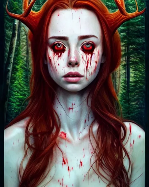 Prompt: surrounded by trees, realistic character concept, gorgeous Kacey Rohl, red hair, small freckles, Wendigo antlers, symmetrical face, symmetrical eyes, full body, covered in blood, dark forest, trees, shorter neck, cinematic lighting, Joshua Middleton and artgerm, fear anxiety terror