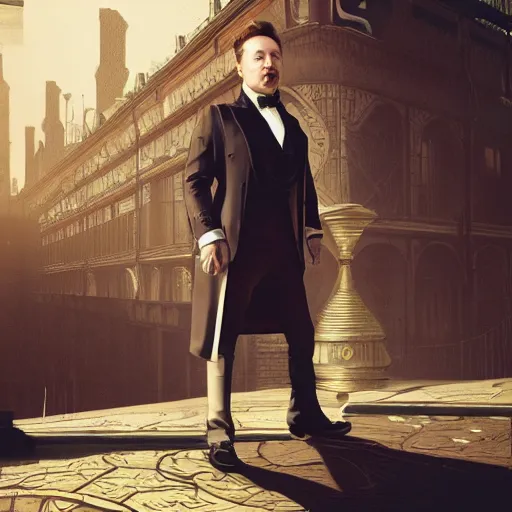 Prompt: Portrait of Elon Musk in victorian london, elegant, highly detailed, fantasy, artstation, smooth, sharp focus, octane render