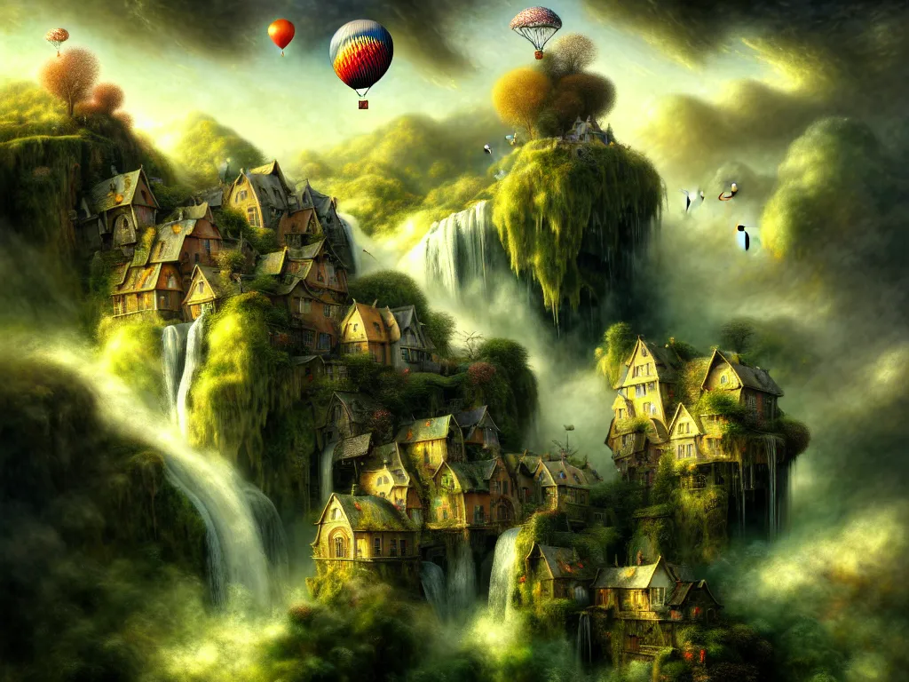 Prompt: hyper detailed charismatic toten amazing complex scene view, landscape, waterfall, houses, ballon, birds, clouds, distant lands by Gediminas Pranckevicius,Mark Brooks, Rembrandt,james gurney,dan luvisi,Petros Afshar, tim hildebrandt, liam wong, thomas kinkade,ernst haeckel,trending on artstation