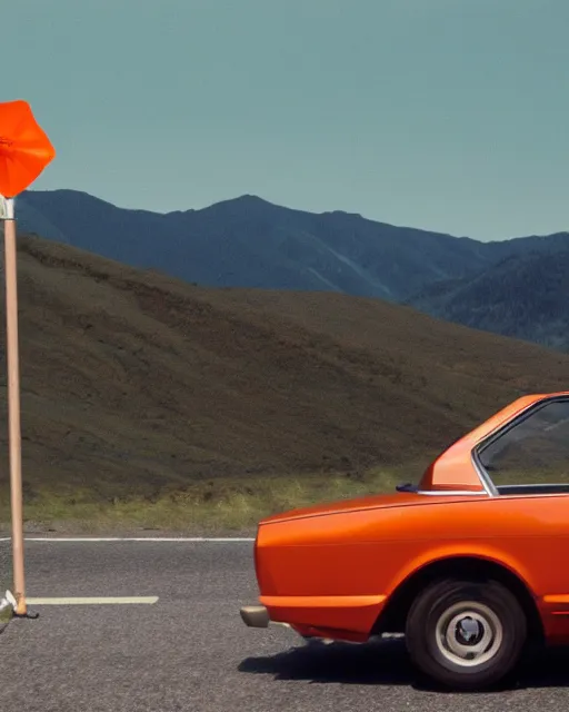 Prompt: film still of a toyota levin, mountain backround with a traffic cone nearby.