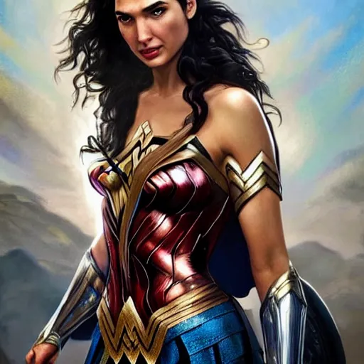 Prompt: portrait of Gal Gadot as Wonder Woman, looking at camera, D&D, intricate, elegant, serious expression, fantasy, extremely detailed, digital painting, artstation, concept art, smooth, sharp focus, illustration, stunning lighting, art by artgerm and greg rutkowski and alphonse mucha and simon stalenhag.