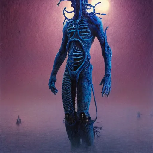 Prompt: afrofuturism sci - fi warrior, blue hour, horror art, by beksinski, szukalski, giger, pyromallis, dzo, iris compiet, seb mckinnon, digital art, highly detailed, intricate, sharp focus, trending on artstation hq, deviantart, pinterest, unreal engine 5, 4 k uhd image