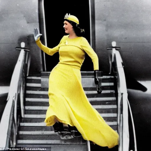 Image similar to a vintage historical fantasy 1 9 3 0 s kodachrome slide german and eastern european mix of the queen of winter and rain is pictured attending a royal tour. she is shown descending a staircase from a luxurious plane, waving to the crowd below. she is donning a pencil skirt and peplum jacket in a yellow and green skirt suit.