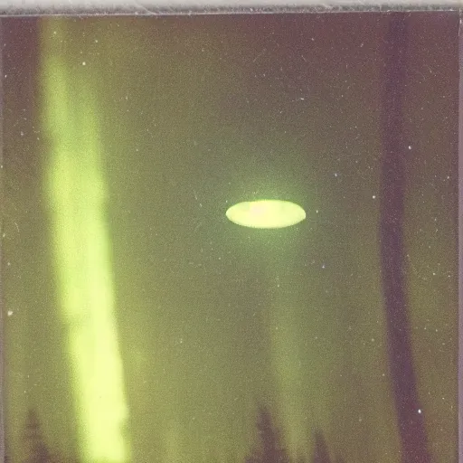Image similar to a ufo flying over a forest at night, ufo!!!, old polaroid,