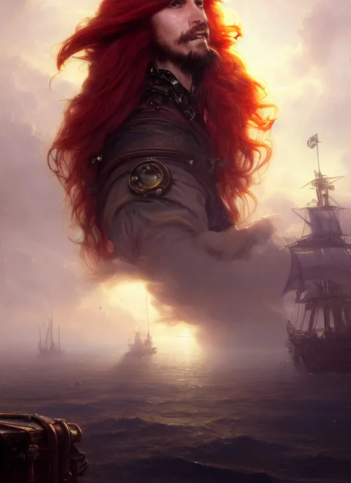 Prompt: portrait painting of a long hair red hair male pirate, soft hair steampunk airship in the sky art by raphael lacoste and stephan martiniere greg rutkowski gaston bussiere fantasy soft hair trending on artstation key art dramtic volumetric lighting, 4 k, award winning