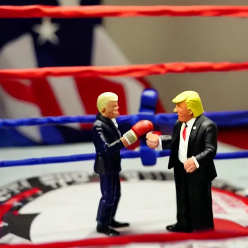 Image similar to joe biden and donald trump action figures fighting in a boxing ring