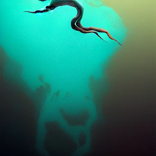 Image similar to michael phelps swimming away from a turquoise squid in the pacific ocean, closeup, portrait, moonlit, dark, ominous, illustration, volumetric light, highly detailed