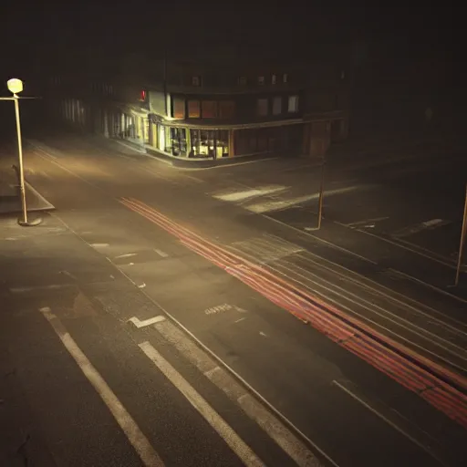 Image similar to A stunningly beautiful award-winning 8K high angle from 2nd floor cinematic movie photograph looking down diagonally across a spooky dark very foggy empty lightless moonlit main street intersection in an abandoned 1950s small town at night. perfect composition, moody low key backlit. Color palette from Seven, greens yellows and reds. 2 point perspective. Octane render