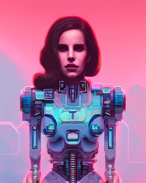 Image similar to portrait of lana del rey as a cyborg. intricate abstract. intricate artwork cyberpunk by tooth wu, wlop, beeple, dan mumford. octane render, trending on artstation, greg rutkowski very coherent symmetrical artwork. cinematic, hyper realism, high detail, octane render, 8 k, blue and pink iridescent accents