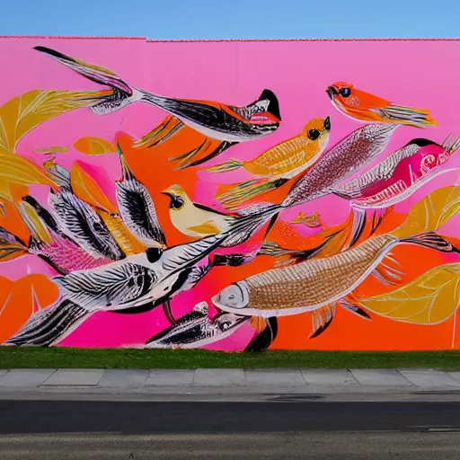 Prompt: a huge mural in pink and orange, showing a miriad of mixing birds and fish, urban Street art by refreshink