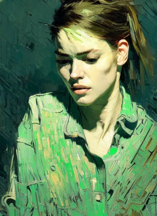 Image similar to portrait of a beautiful girl, eyes closed, open mouth, shades of green, beautiful face, rule of thirds, intricate outfit, spotlight, by greg rutkowski, by jeremy mann, by francoise nielly, by van gogh, digital painting