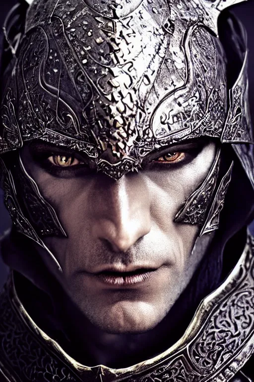 Image similar to head and shoulders portrait of an eldritch knight, drow, dark elf, shadar kai, male, breastplate, magical, high fantasy, d & d, by annie liebovitz, face details, extremely detailed, vogue fashion photo
