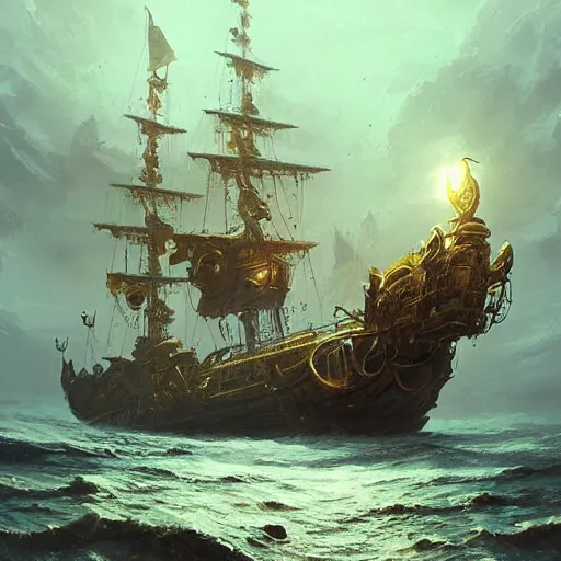 Image similar to detailed gold pirate ship by greg rutkowski, enigmatic atmosphere, beautiful and cinematic lighting, artstation hq.