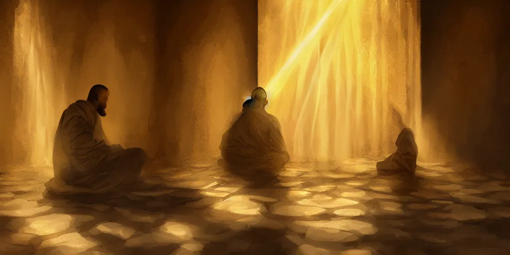 Prompt: distant monk sitting inside a peaceful temple while being illuminated by a ray of light, blissful, digital oil painting