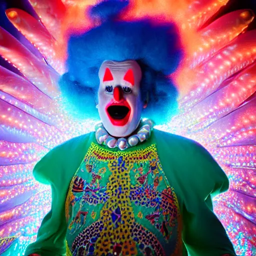 Prompt: uhd candid photo of cosmic krusty the clown, glowing, global illumination, studio lighting, radiant light, detailed, correct face, elaborate intricate costume. photo by annie leibowitz