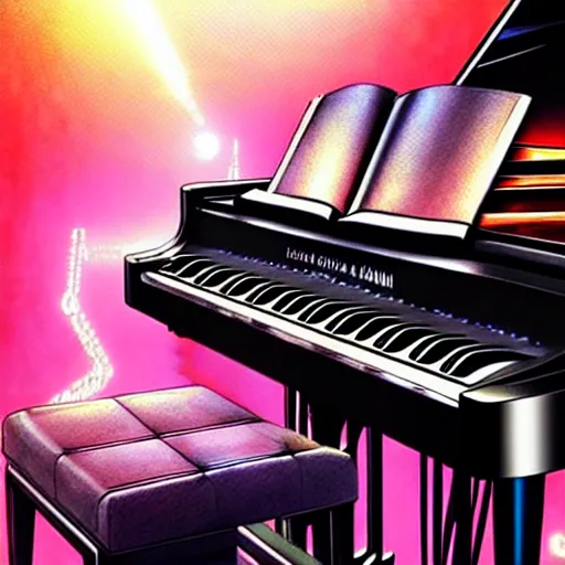 Image similar to a hyperrealistic cyborg playing the piano in a futuristic apartment, award winning art, 8k, highly detailed, sharp focus, cinematic lighting, UHD, in the style of Amano and Ayami Kojima and Karol Bak, art by Mark Brooks and Lisa Frank with vivid colors and crisp details smooth textures