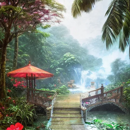 Image similar to tropical island, ornate, beautiful, atmosphere, vibe, mist, smoke, fire, chimney, rain, wet, pristine, puddles, melting, dripping, snow, creek, lush, ice, bridge, forest, roses, flowers, by stanley artgerm lau, greg rutkowski, thomas kindkade, alphonse mucha, loish, norman rockwell