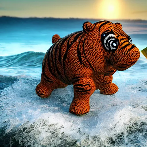 Image similar to a closeup photorealistic photograph of a cute smiling knitted tiger hippopotamus chasing a beachball at sunset. surf in the background. professional capture. this 4 k hd image is trending on artstation, featured on behance, well - rendered, extra crisp, features intricate detail, epic composition and the style of unreal engine.