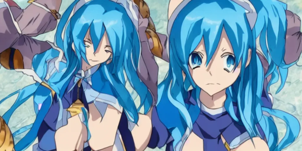 Prompt: Aqua from Konosuba, blue hair, blue clothing, smug look