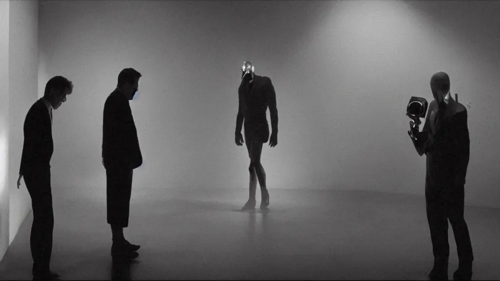 Image similar to movie scene of a man and a robot having a moment of jealousy, movie still, cinematic composition, cinematic light, by david lynch and gaspar noe