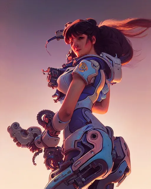Image similar to d. va from overwatch, character portrait, concept art, intricate details, highly detailed by greg rutkowski, michael whelan and gustave dore
