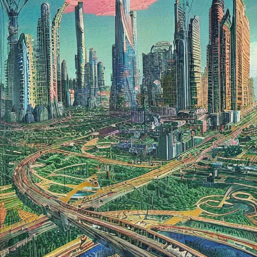 Image similar to City of the future in harmony with nature. Beautiful detailed painting by moebius (1975).