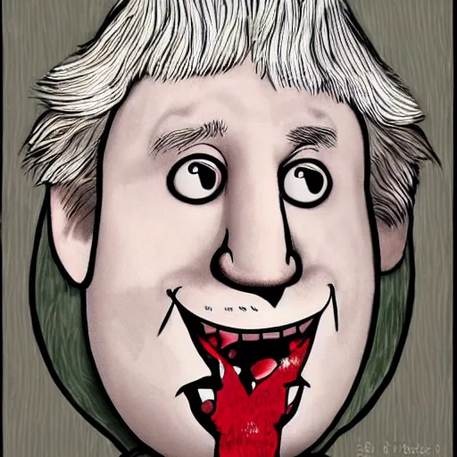 Prompt: boris johnson cartoonized. hyperrealistic. cartoonized cat. they have a romantic dinner. folk horror