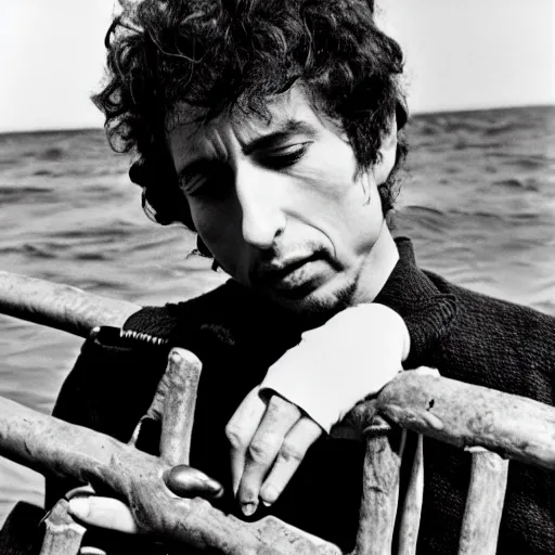 Prompt: bob dylan cradling kelp like a baby, photograph, 1 9 6 5