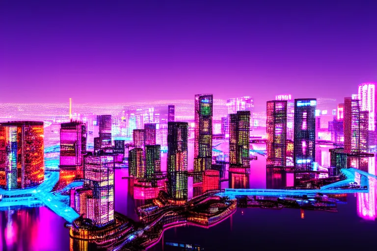 Prompt: a low wide angle shot of a cyber city at night, a lake in front, pink and blue neon skyscrapers made of circuit boards and ethernet cables,