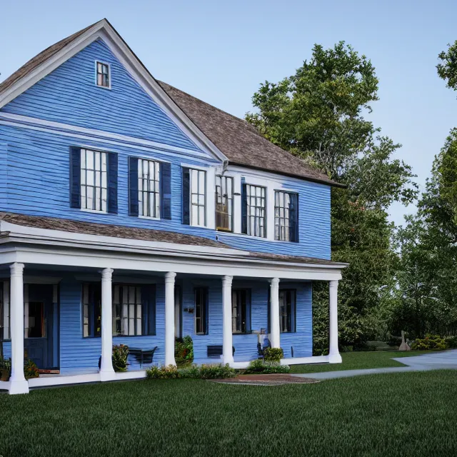 Prompt: modern new england colonial house with a round blue door, brick cape house, realistic, unreal engine render, octane render, hyper realistic, photo, 8 k