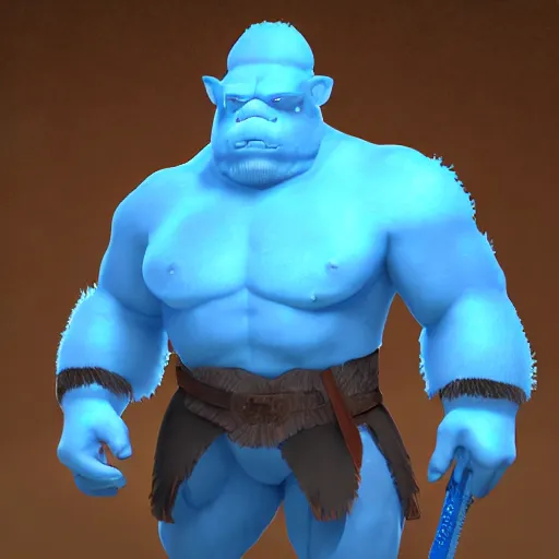 Image similar to a digital art portrait of blue ice golem ogre barbarian with long sword, dnd goliath character concept, 4 k, ultra detail, volumetric lighting, unreal engine, octane render